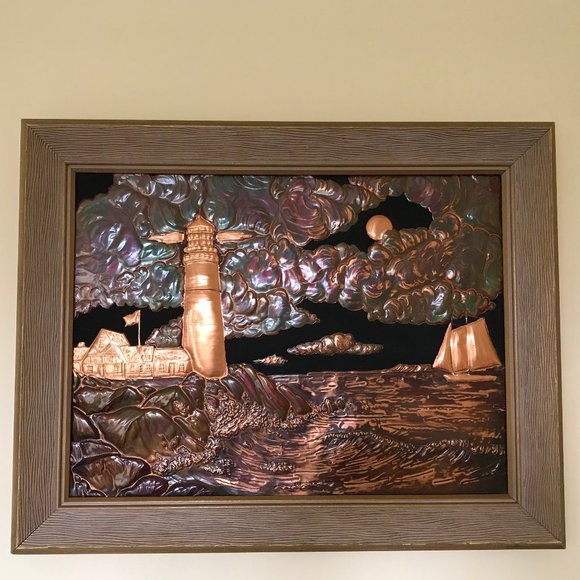 Lighthouse Nautical Ocean Scene Embossed Copper Framed Picture Repousse 15x19 - Picture 1 of 5